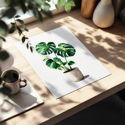 Monstera Stillness, green, beige, white nature wall art displayed in a styled interior, gallery view 5