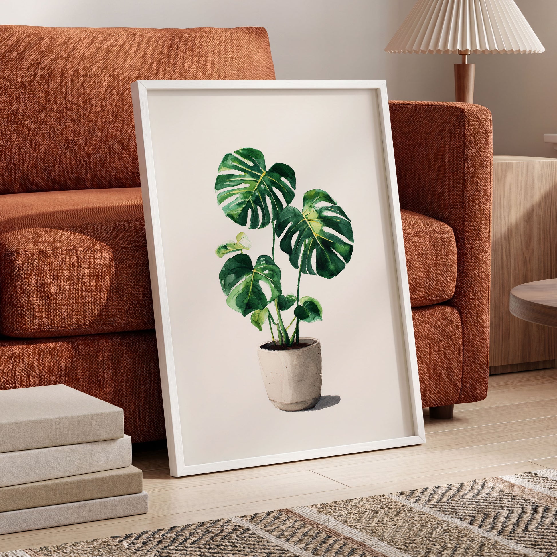 Monstera Stillness, green, beige, white nature wall art displayed in a styled interior, gallery view 6