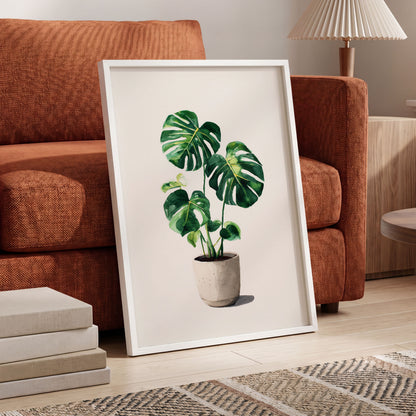 Monstera Stillness, green, beige, white nature wall art displayed in a styled interior, gallery view 6