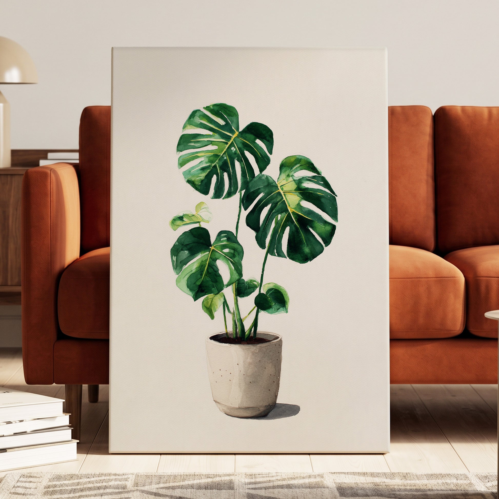 Monstera Stillness, green, beige, white nature wall art displayed in a styled interior, gallery view 7