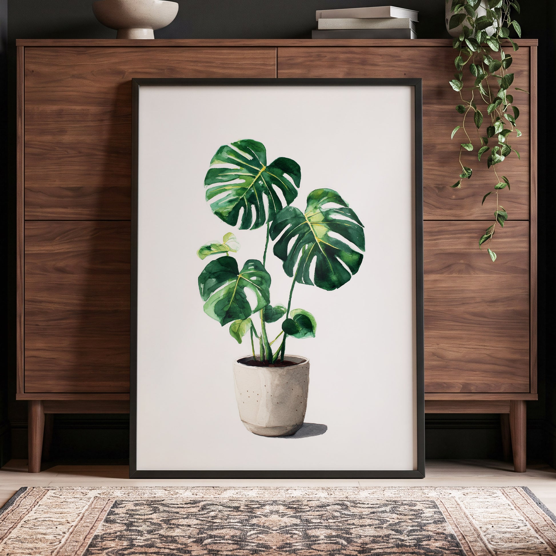Monstera Stillness, green, beige, white nature wall art displayed in a styled interior, gallery view 9