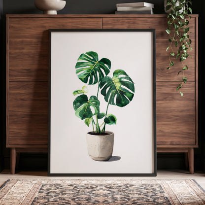 Monstera Stillness, green, beige, white nature wall art displayed in a styled interior, gallery view 9
