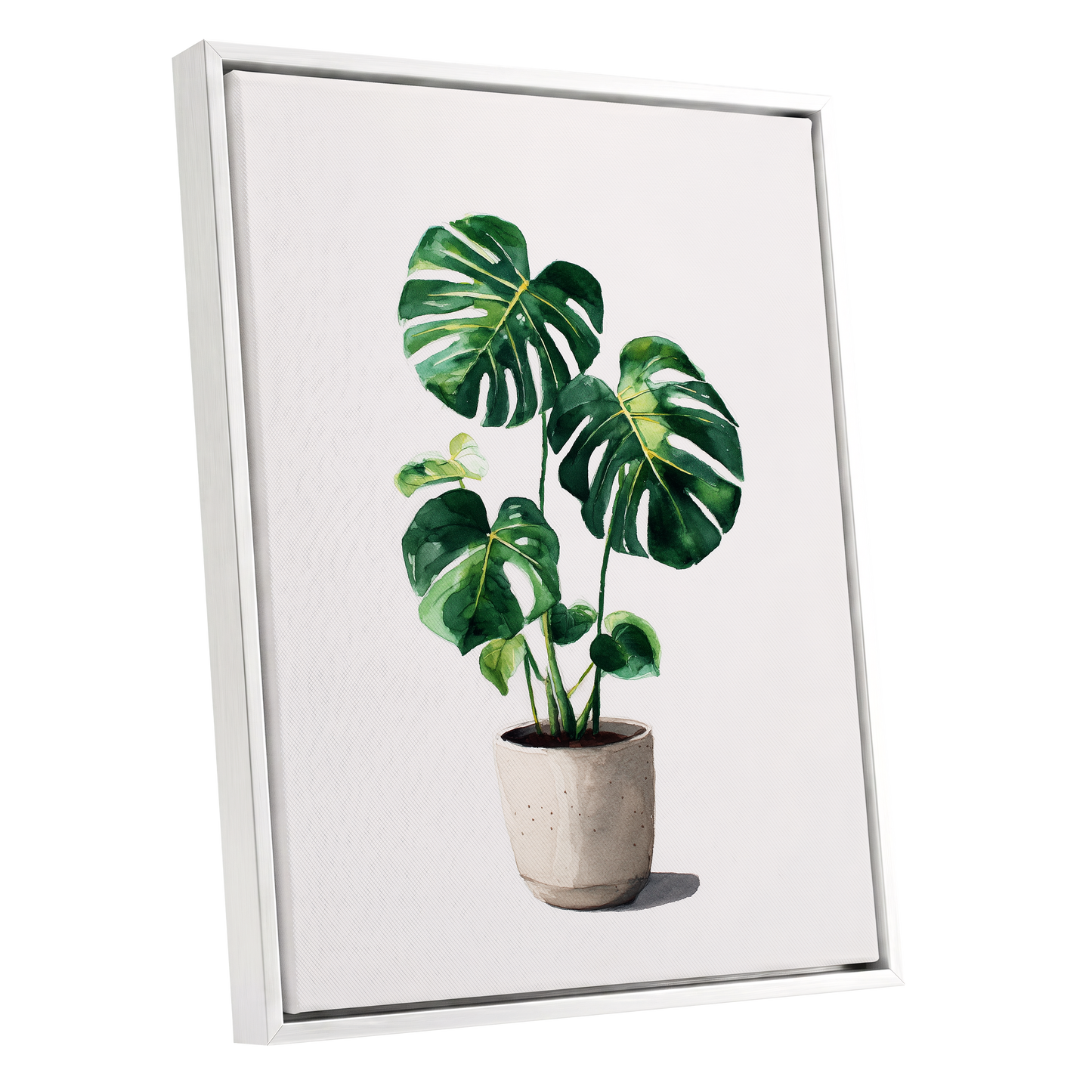 Monstera Stillness, green, beige, white nature wall art shown as a white framed canvas wall art