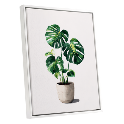 Monstera Stillness, green, beige, white nature wall art shown as a white framed canvas wall art