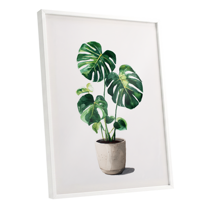 Monstera Stillness, green, beige, white nature wall art shown as a white framed poster wall art print