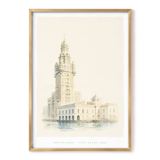 Montevideo Reverie, beige, gray, blue minimalist wall art, front artwork view