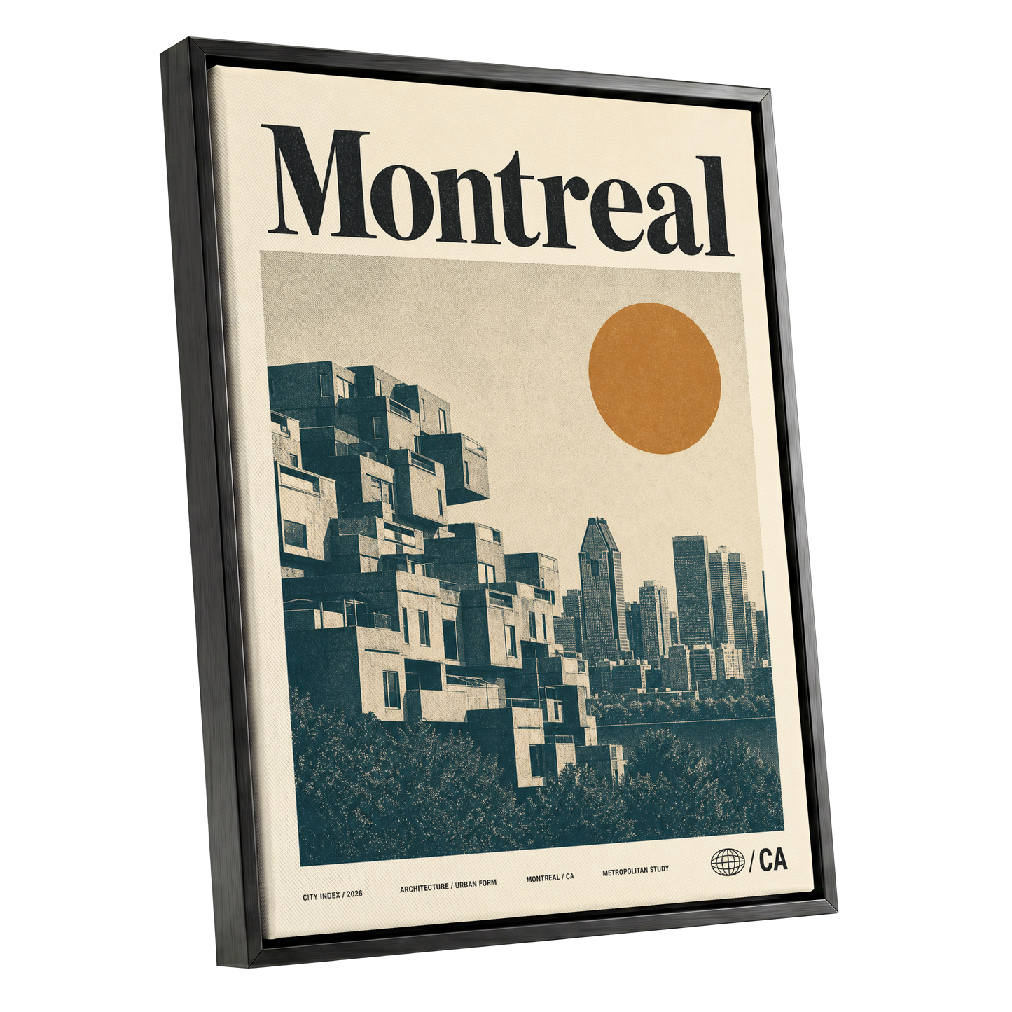 Montreal Modernist, beige, blue, orange minimalist wall art shown as a black framed canvas wall art