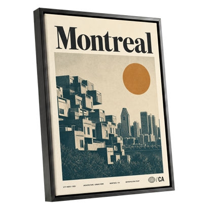 Montreal Modernist, beige, blue, orange minimalist wall art shown as a black framed canvas wall art