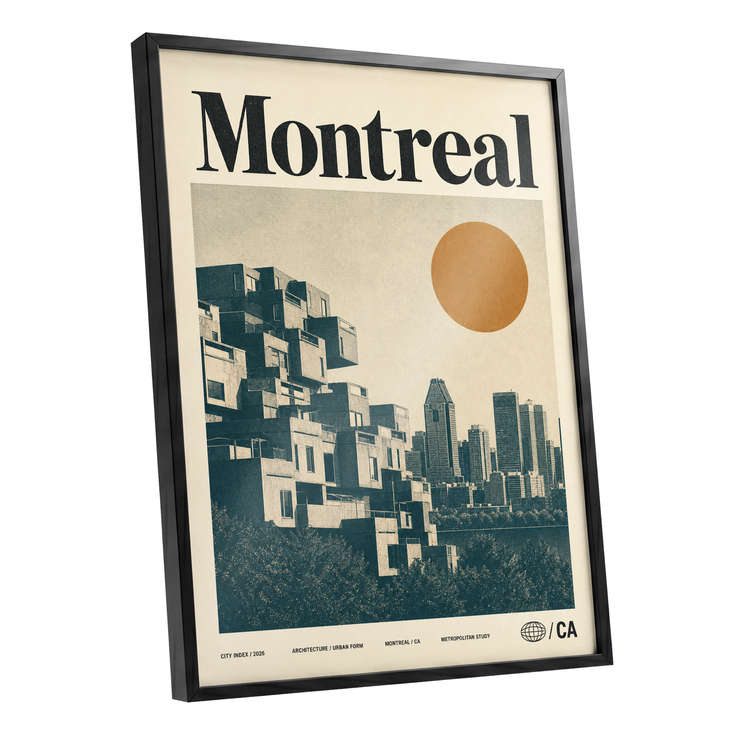Montreal Modernist, beige, blue, orange minimalist wall art shown as a black framed poster wall art print