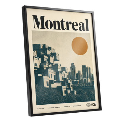 Montreal Modernist, beige, blue, orange minimalist wall art shown as a black framed poster wall art print