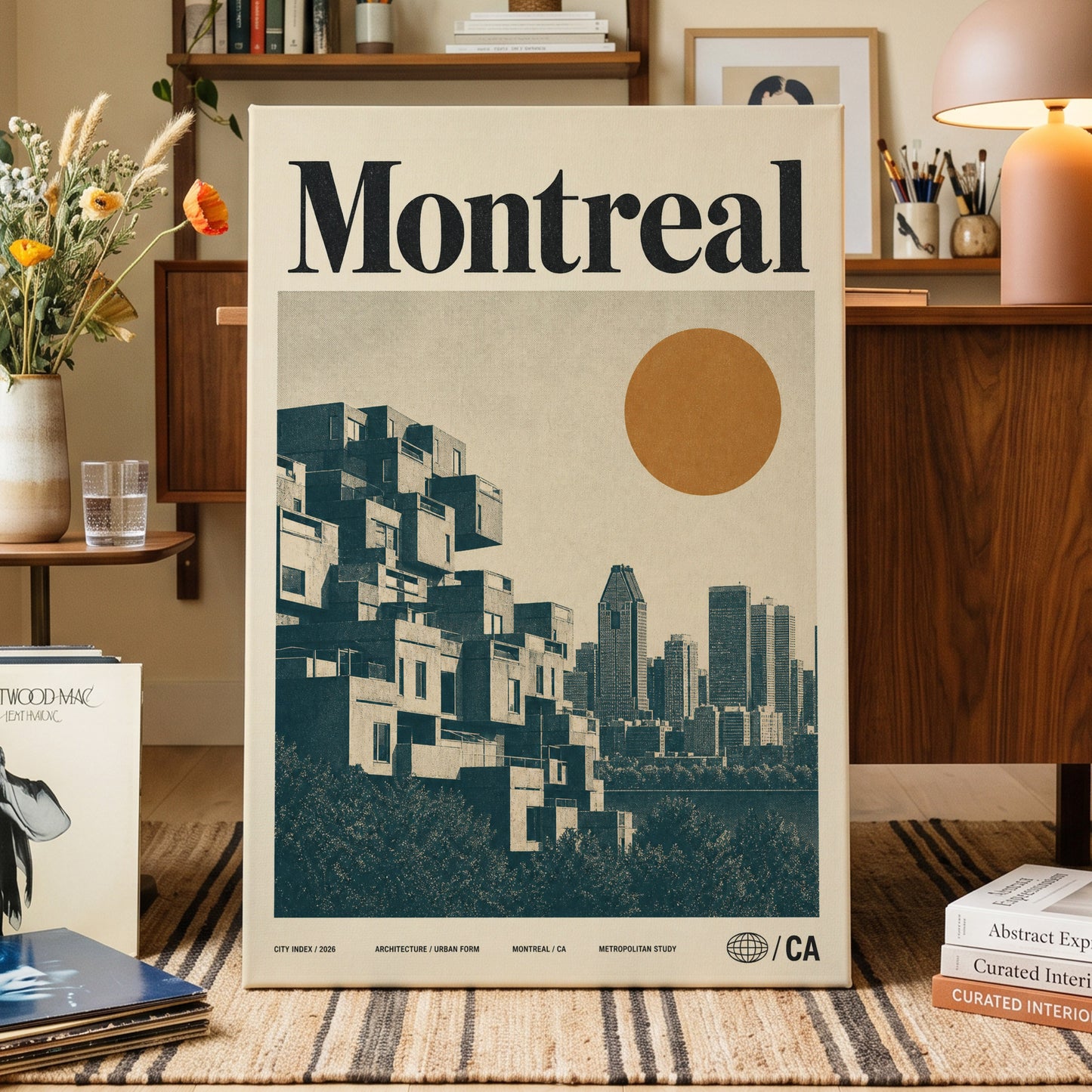 Montreal Modernist, beige, blue, orange minimalist wall art on canvas displayed in a styled interior, gallery view 1
