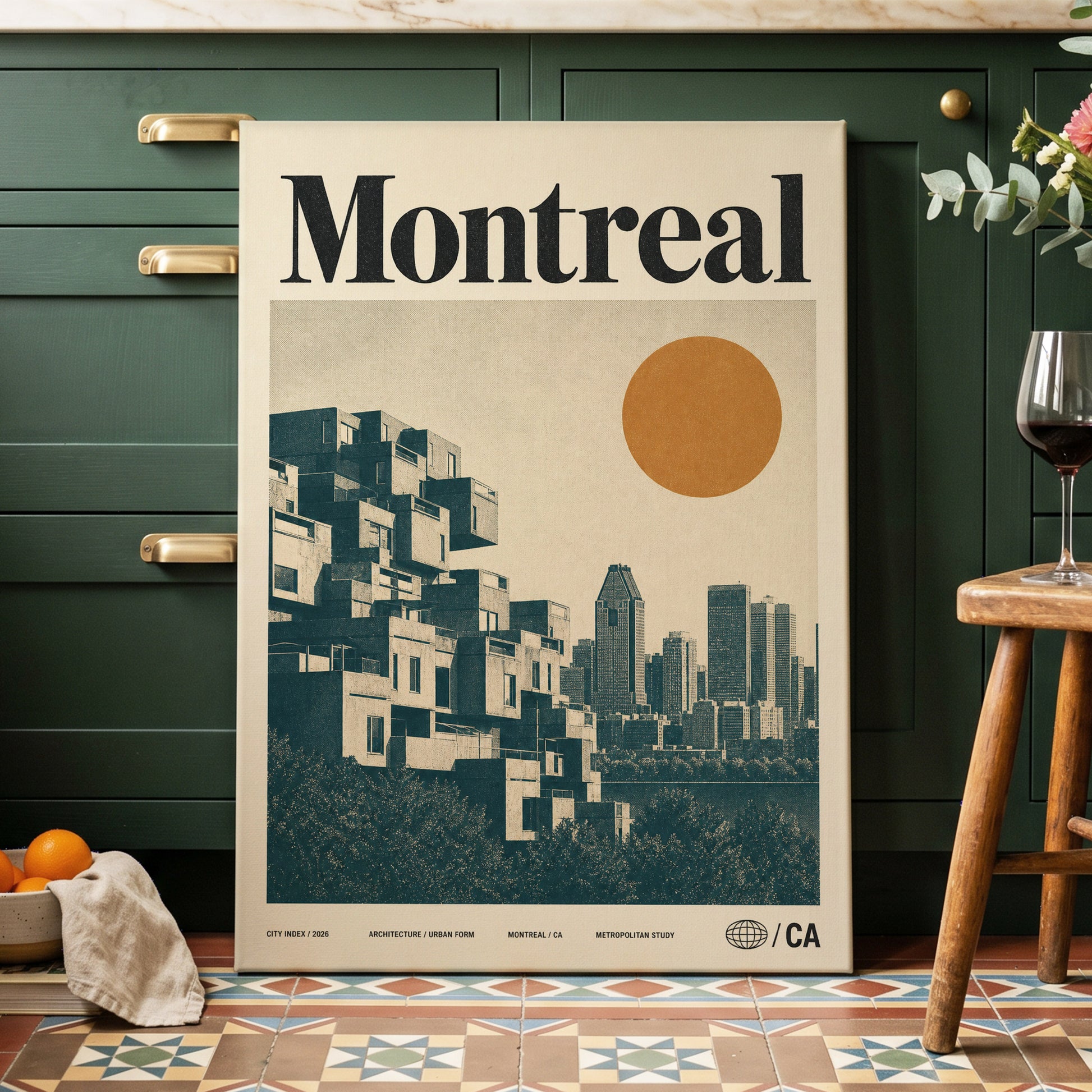 Montreal Modernist, beige, blue, orange minimalist wall art on canvas displayed in a styled interior, gallery view 2