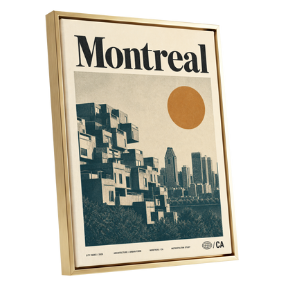 Montreal Modernist, beige, blue, orange minimalist wall art shown as a gold framed canvas wall art