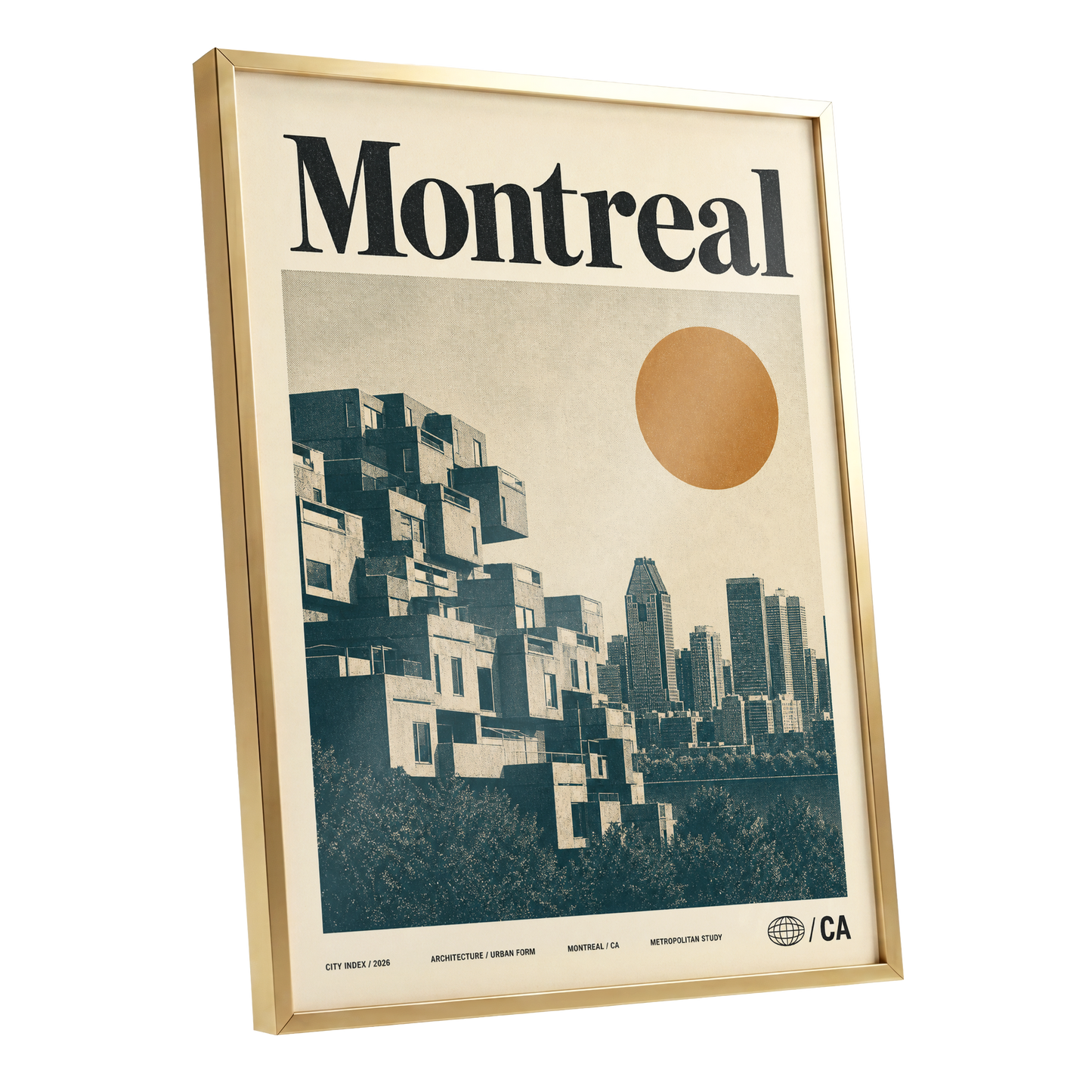 Montreal Modernist, beige, blue, orange minimalist wall art shown as a gold framed poster wall art print
