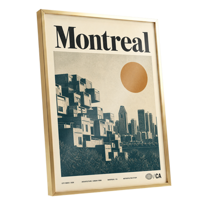 Montreal Modernist, beige, blue, orange minimalist wall art shown as a gold framed poster wall art print