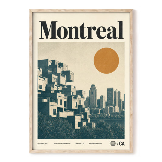 Montreal Modernist, beige, blue, orange minimalist wall art, front artwork view