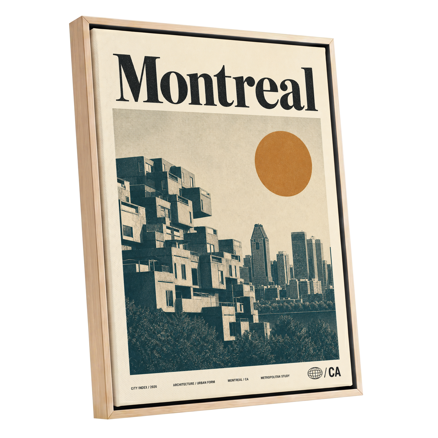 Montreal Modernist, beige, blue, orange minimalist wall art shown as a oak framed canvas wall art
