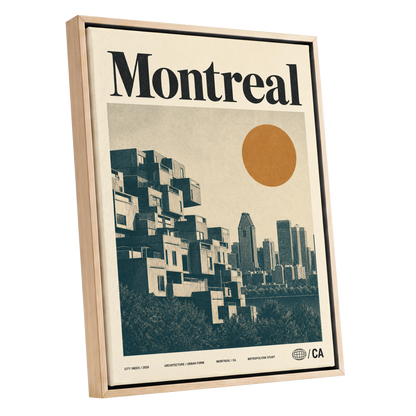 Montreal Modernist, beige, blue, orange minimalist wall art shown as a oak framed canvas wall art