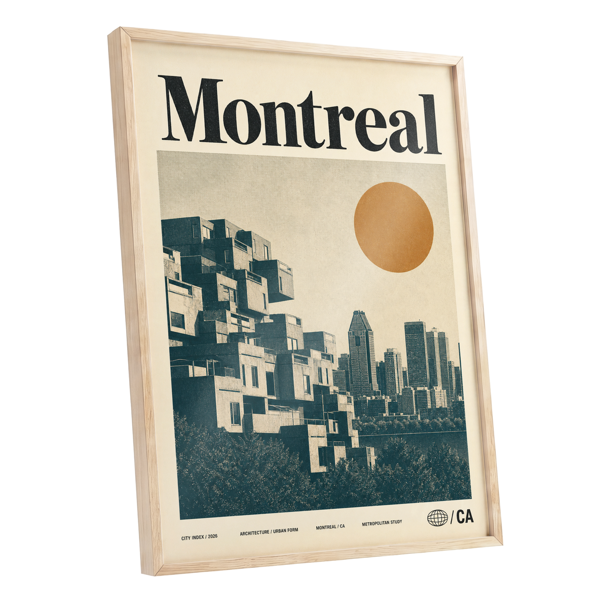 Montreal Modernist, beige, blue, orange minimalist wall art shown as a oak framed poster wall art print