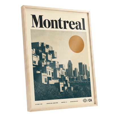 Montreal Modernist, beige, blue, orange minimalist wall art shown as a oak framed poster wall art print