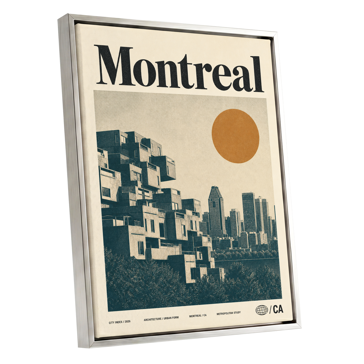Montreal Modernist, beige, blue, orange minimalist wall art shown as a silver framed canvas wall art