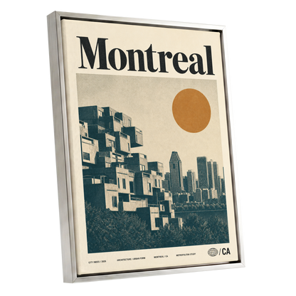 Montreal Modernist, beige, blue, orange minimalist wall art shown as a silver framed canvas wall art