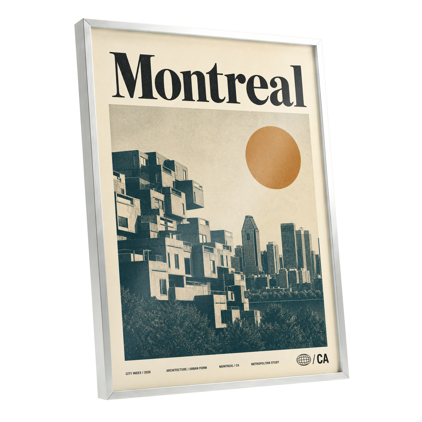 Montreal Modernist, beige, blue, orange minimalist wall art shown as a silver framed poster wall art print