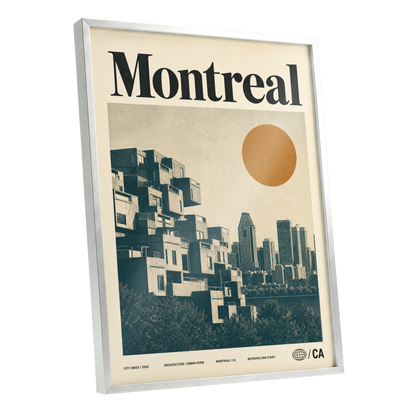 Montreal Modernist, beige, blue, orange minimalist wall art shown as a silver framed poster wall art print