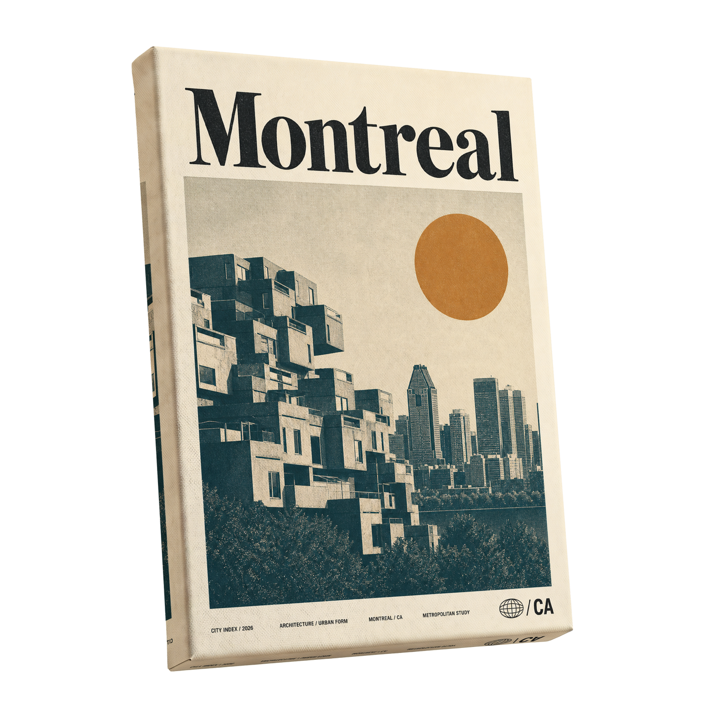 Montreal Modernist, beige, blue, orange minimalist wall art shown as a stretched canvas wall art