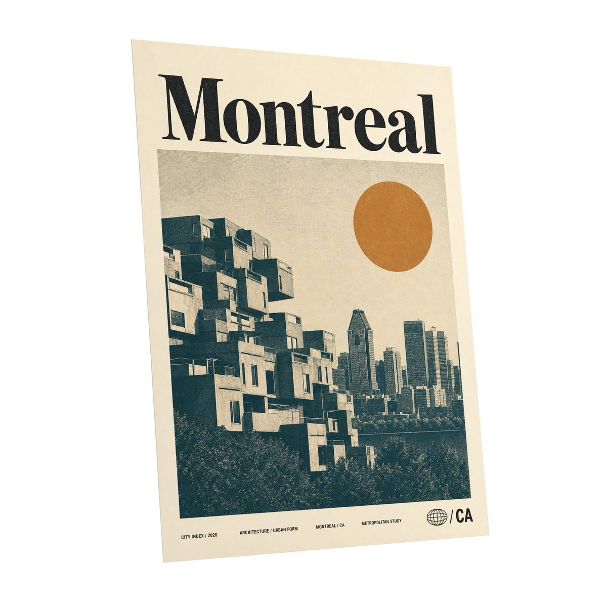 Montreal Modernist, beige, blue, orange minimalist wall art shown as a unframed poster wall art print
