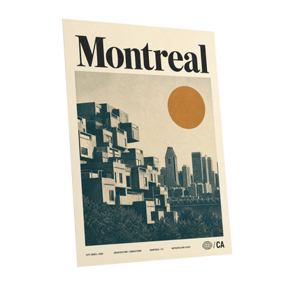 Montreal Modernist, beige, blue, orange minimalist wall art shown as a unframed poster wall art print