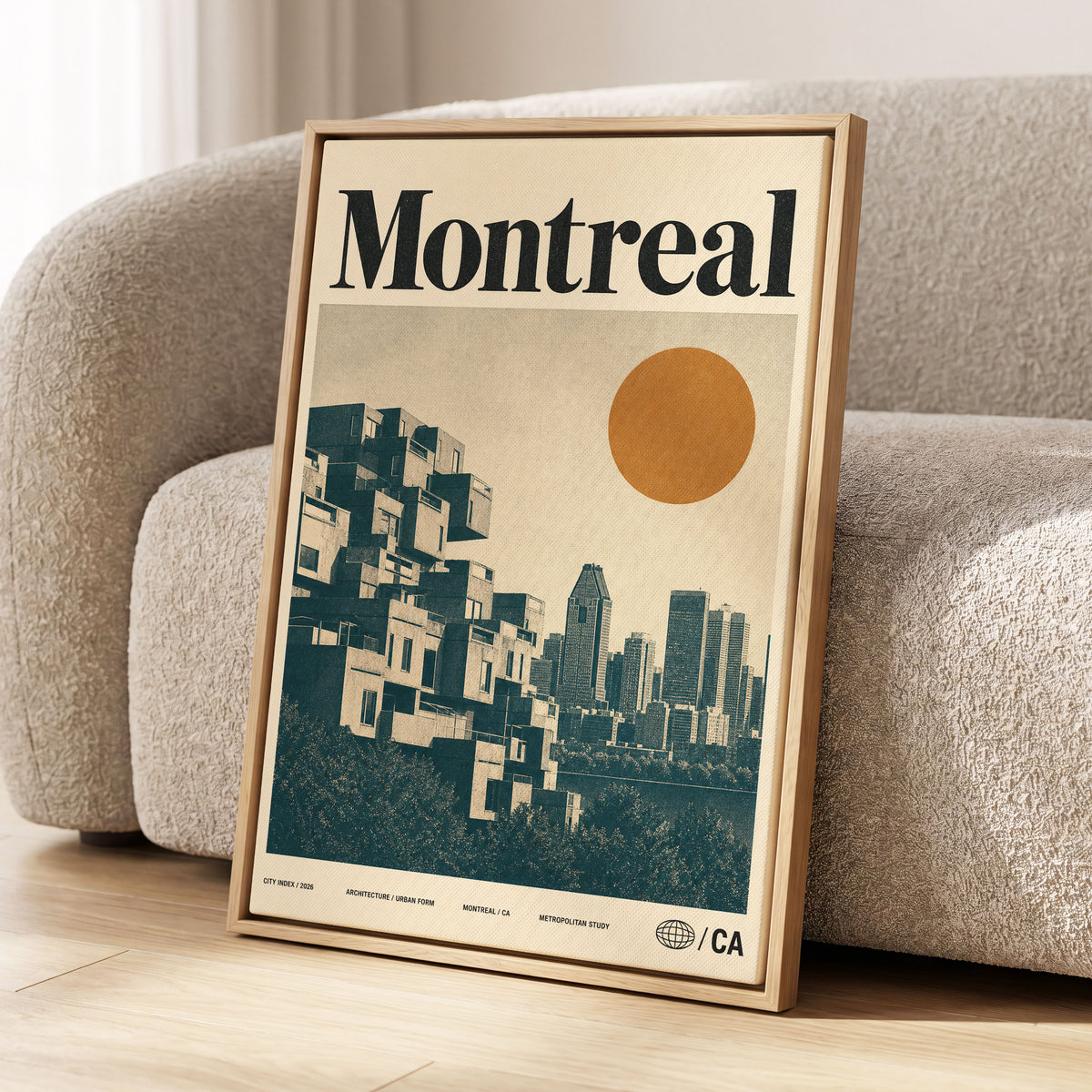 Montreal Modernist, beige, blue, orange minimalist wall art displayed in a styled interior, gallery view 1