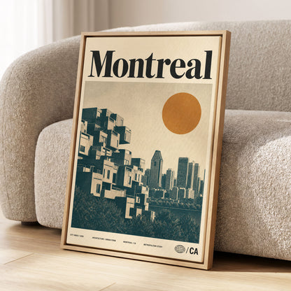 Montreal Modernist, beige, blue, orange minimalist wall art displayed in a styled interior, gallery view 1
