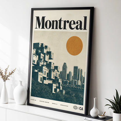 Montreal Modernist, beige, blue, orange minimalist wall art displayed in a styled interior, gallery view 2