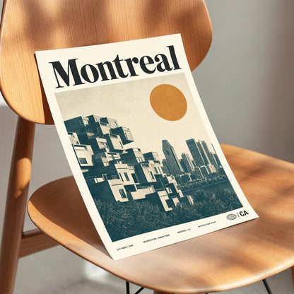 Montreal Modernist, beige, blue, orange minimalist wall art displayed in a styled interior, gallery view 3