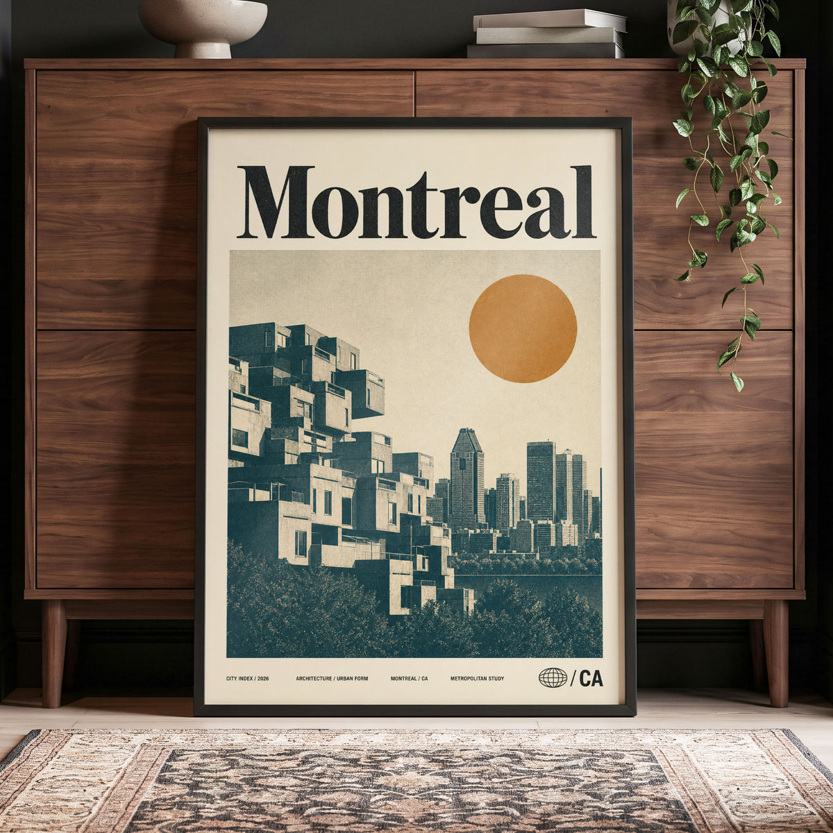 Montreal Modernist, beige, blue, orange minimalist wall art displayed in a styled interior, gallery view 4