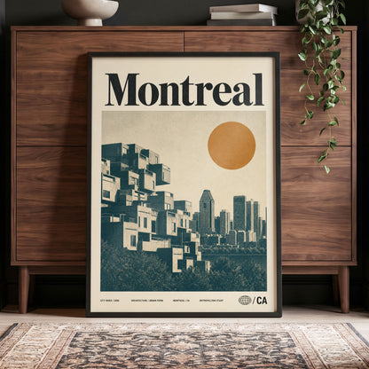 Montreal Modernist, beige, blue, orange minimalist wall art displayed in a styled interior, gallery view 4