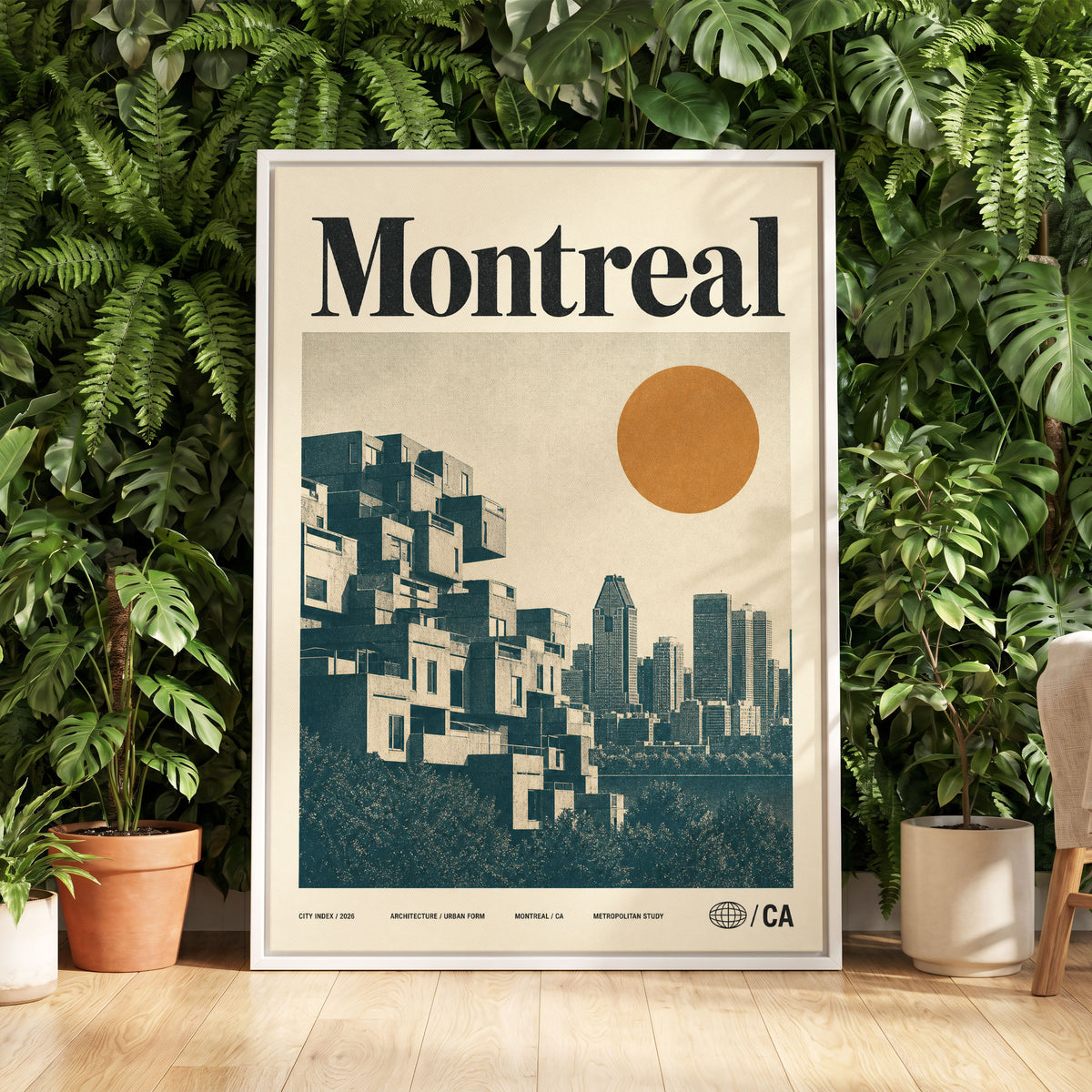 Montreal Modernist, beige, blue, orange minimalist wall art displayed in a styled interior, gallery view 5