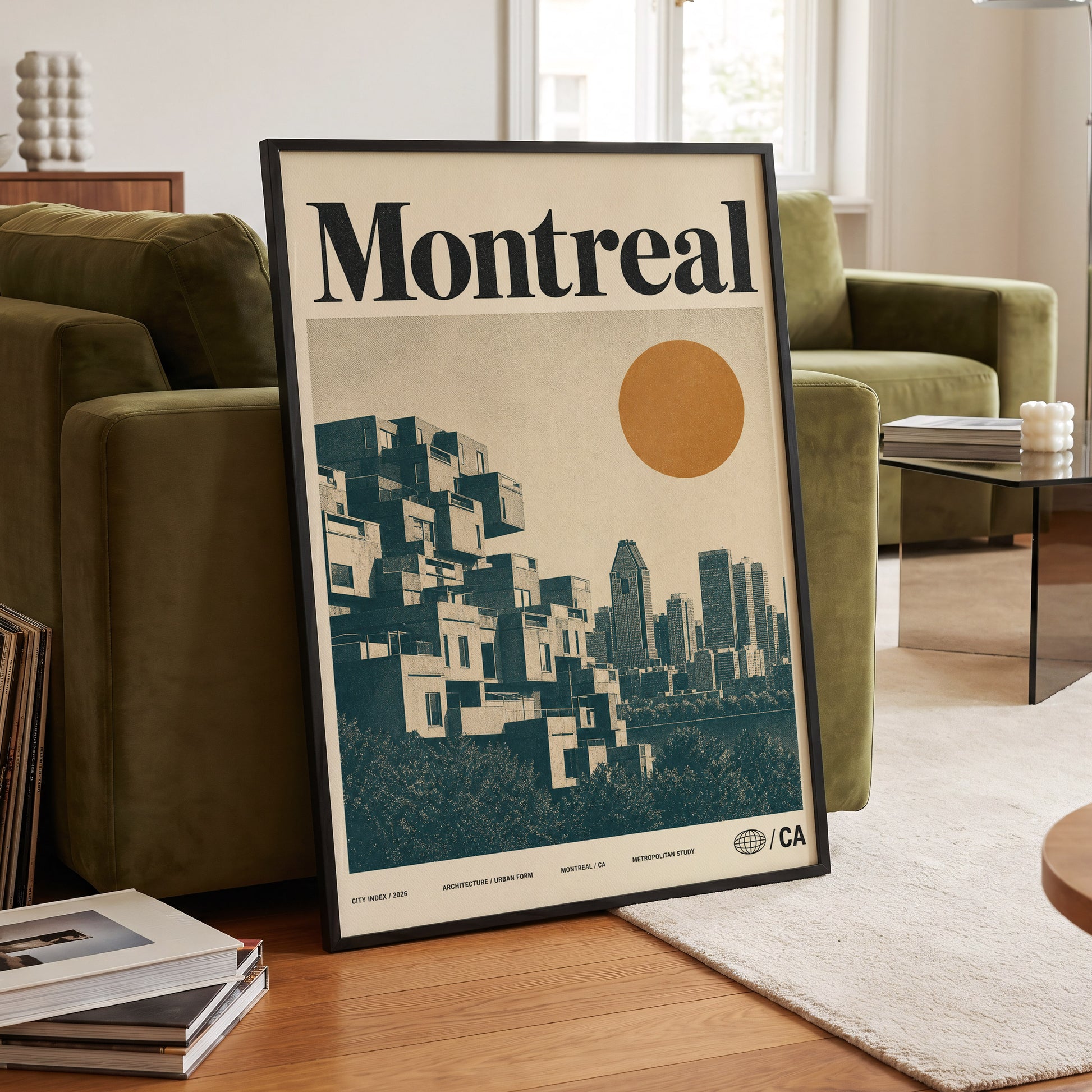Montreal Modernist, beige, blue, orange minimalist wall art displayed in a styled interior, gallery view 6
