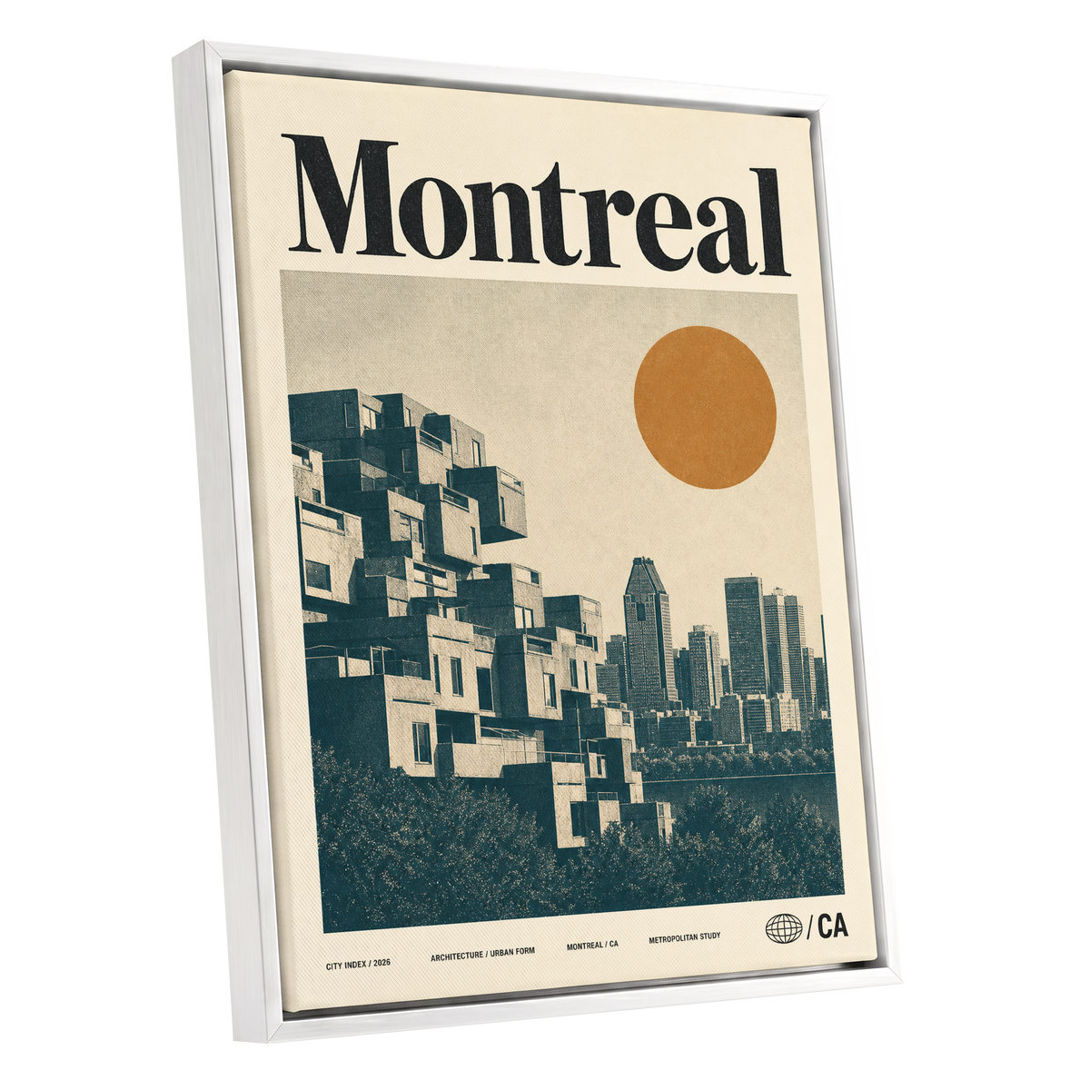 Montreal Modernist, beige, blue, orange minimalist wall art shown as a white framed canvas wall art