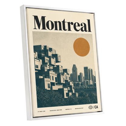 Montreal Modernist, beige, blue, orange minimalist wall art shown as a white framed canvas wall art