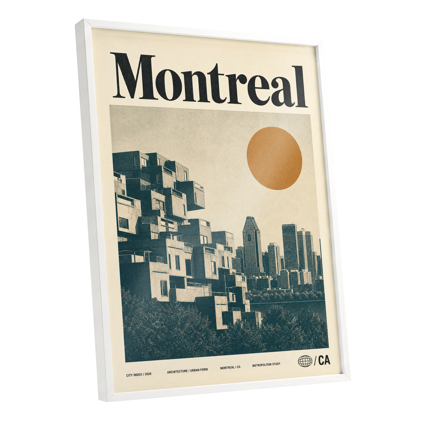 Montreal Modernist, beige, blue, orange minimalist wall art shown as a white framed poster wall art print