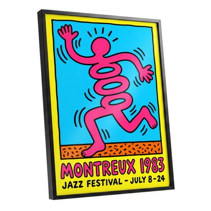 Montreux Motion, pink, blue, yellow abstract wall art shown as a black framed poster wall art print