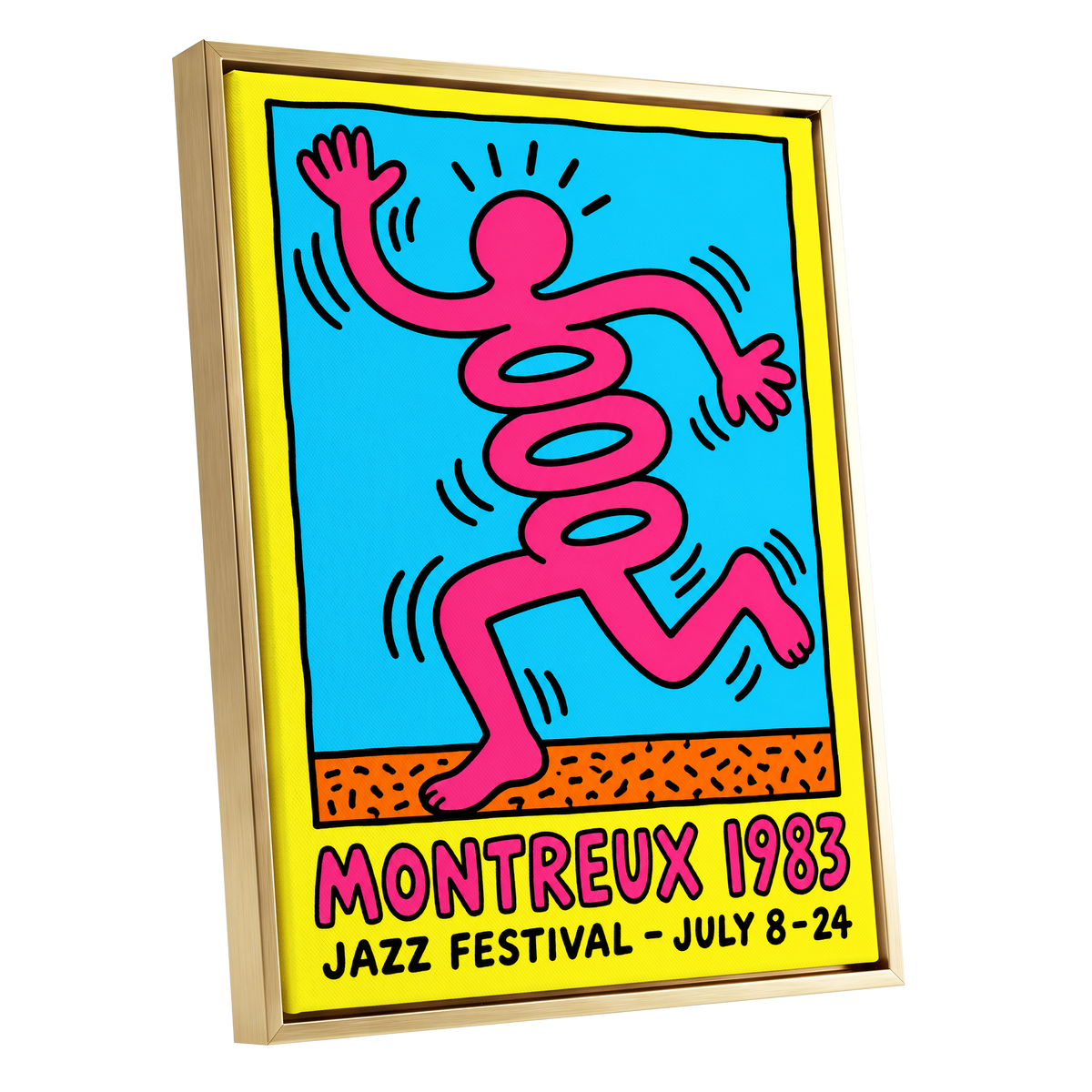 Montreux Motion, pink, blue, yellow abstract wall art shown as a gold framed canvas wall art