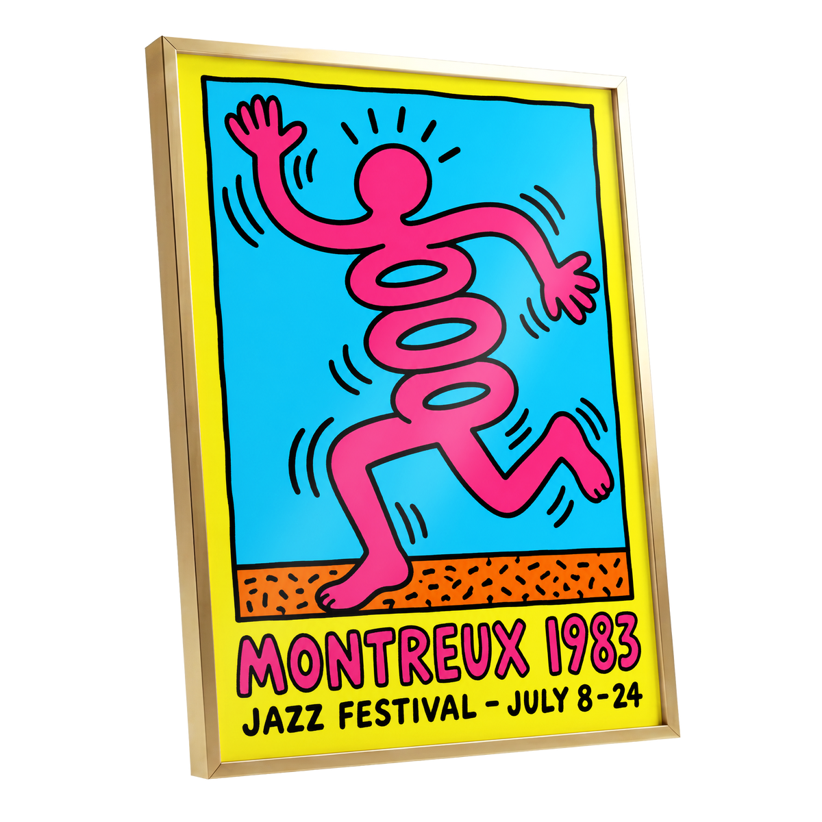 Montreux Motion, pink, blue, yellow abstract wall art shown as a gold framed poster wall art print