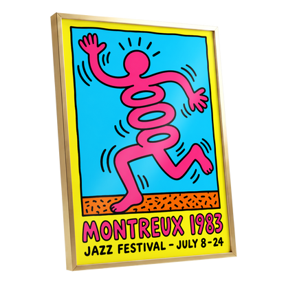 Montreux Motion, pink, blue, yellow abstract wall art shown as a gold framed poster wall art print