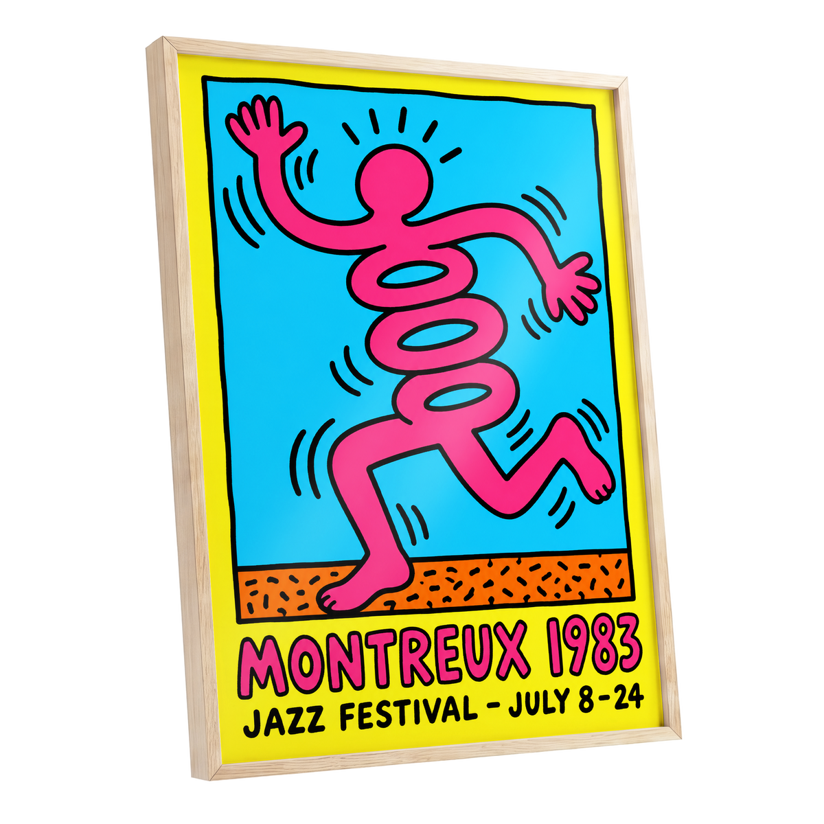 Montreux Motion, pink, blue, yellow abstract wall art shown as a oak framed poster wall art print