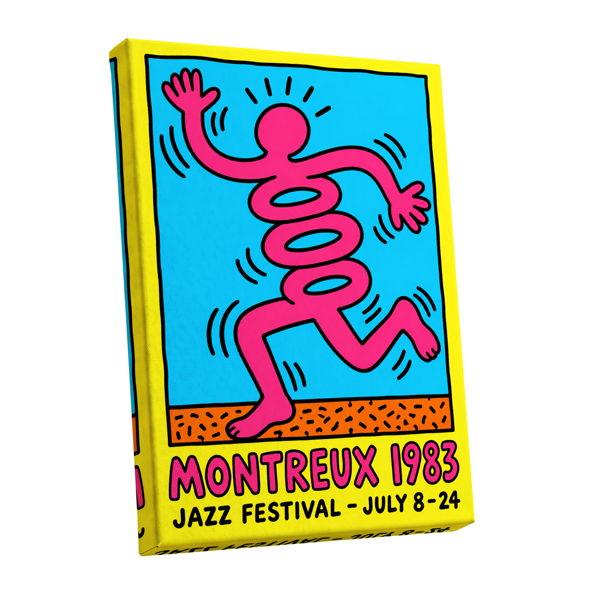 Montreux Motion, pink, blue, yellow abstract wall art shown as a stretched canvas wall art
