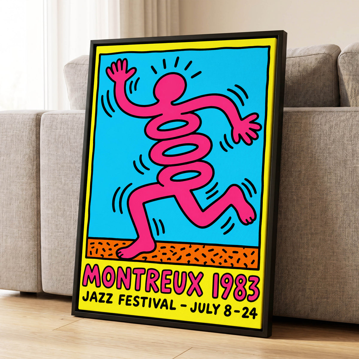 Montreux Motion, pink, blue, yellow abstract wall art displayed in a styled interior, gallery view 1