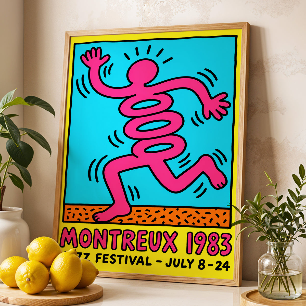 Montreux Motion, pink, blue, yellow abstract wall art displayed in a styled interior, gallery view 4